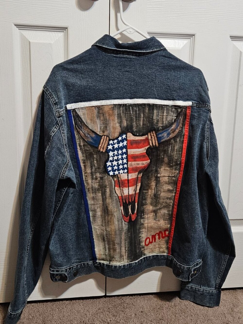 BRAND NEW GAP Denim Jacket Size L Handpainted with US Flag on Longhorn Skull